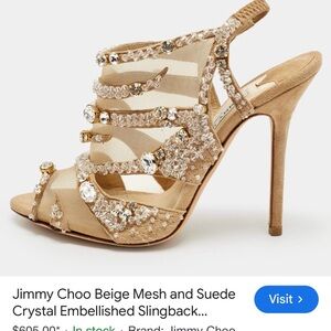 Jimmy Choo Beige Crystal-Strap Suede Mesh Stiletto Sandal